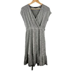 Caution To the Wind Grey & White Striped Soft V-Neck Casual Mini Dress